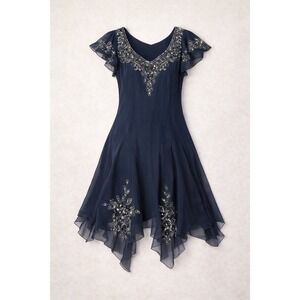 J Kara Navy Blue‎ Beaded Handkerchief Hem Flutter Sleeve Cocktail Dress Size 8
